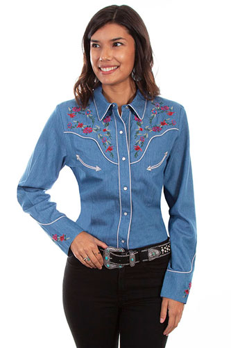 Scully Floral Embroidered Western Shirt - Denim - Ladies' Retro Western Shirts | Spur Western Wear