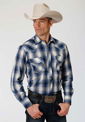 Roper Plaid Long Sleeve Snap Front Western Shirt - Blue, Black & Cream - Men's Western Shirts | Spur Western Wear
