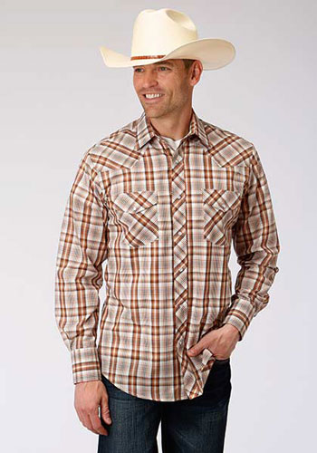 Roper Plaid Long Sleeve Snap Front Western Shirt - Brown, Rust & Cream - Men's Western Shirts | Spur Western Wear