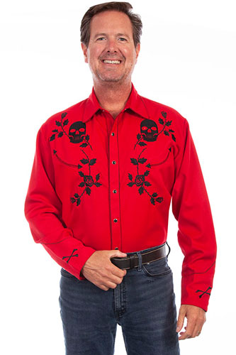 Scully Skulls And Roses Embroidered Western Shirt - Crimson - Men's Retro Western Shirts | Spur Western Wear