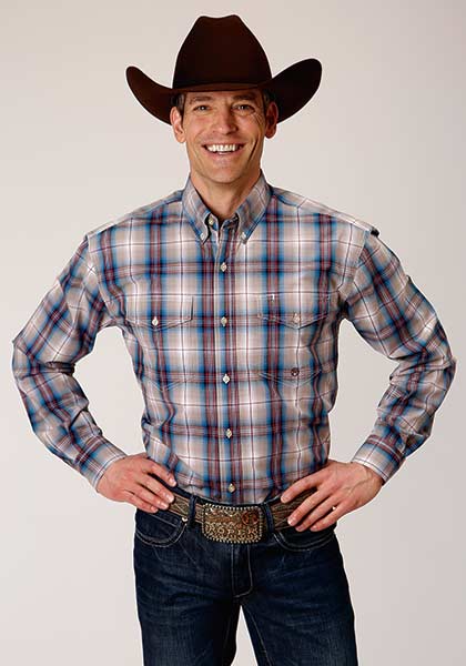 Roper Plaid Long Sleeve Button Front Western Shirt - Wine/Blue - Big & Tall , - Men's Western Shirts | Spur Western Wear