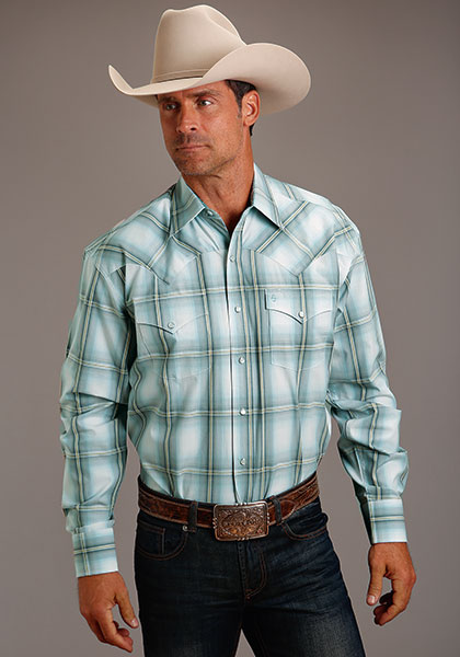 Stetson Grey Sky Ombre Plaid Long Sleeve Western Shirt, This Stetson Men's Long Sleeve Western Shirt Features A Yard Dyed Plaid with a Satin Stitch. Spread Collar. One-Point Curved Ultra Deep Back Yoke. Flap Snap Pockets. Classic Snap Front Featuring Cream Pearl Logo Snaps.  3 Snap Cuffs. Stetson "S" Emblem On Pocket. "Stetson" Emblem On Right Sleeve Placket.  Multiple Contrast Fabrics Inside Trim