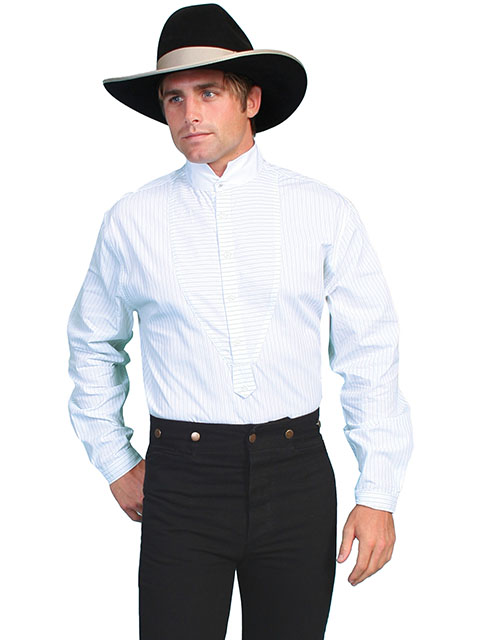 This White Shirt Features A White Stand-Up Collar And set in bib.  Pull Over with a button Placket.  This is a Smart Black Stripe That Is Guaranteed To Turn The Ladies Heads. Big And Tall Sizes Available.