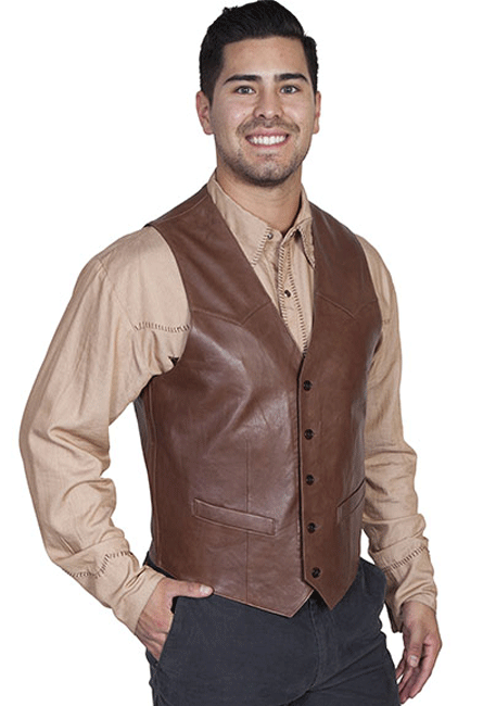 Scully Lambskin Button Front Western Vest - Chocolate - Men's Leather Western Vests and Jackets | Spur Western Wear