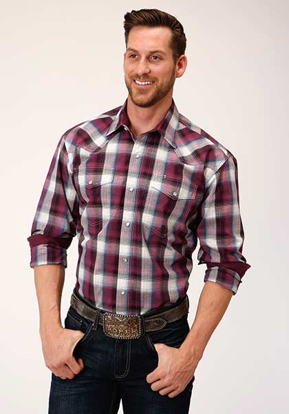Roper Plaid Long Sleeve Snap Front Western Shirt - Wine - Big & Tall,- Men's Western Shirts | Spur Western Wear