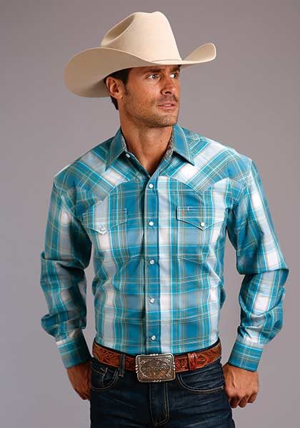 Stetson Teal Plaid Long Sleeve Snap Front Western Shirt , - Men's Western Shirts | Spur Western Wear