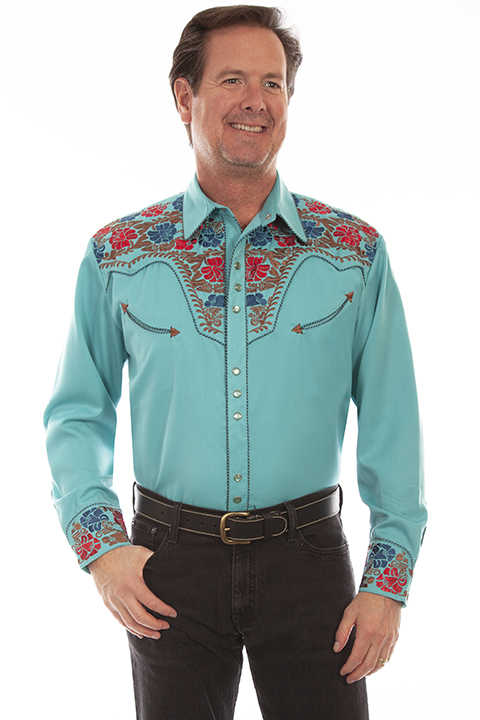Scully Gunfighter Long Sleeve Snap Front Western Shirt - Turquoise with Roses - Men's Retro Western Shirts | Spur Western Wear
