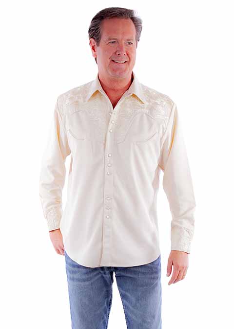 Scully Gunfighter Long Sleeve Snap Front Western Shirt - White with Black Roses, - Men's Retro Western Shirts | Spur Western Wear