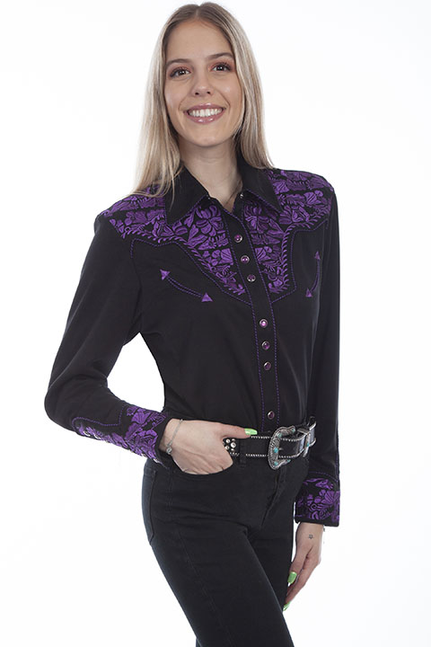 Scully Gunfighter Long Sleeve Snap Front Western Shirt - Black with Purple Roses - Ladies' Retro Western Shirts | Spur Western Wear