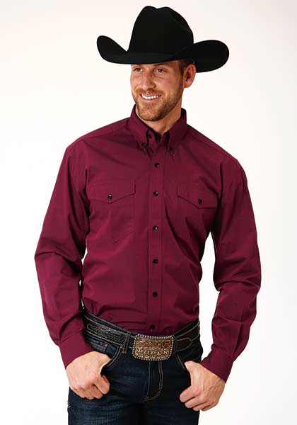 Roper Poplin Long Sleeve ButtomFront Western Shirt - Wine- Tall - Men's Western Shirts | Spur Western Wear