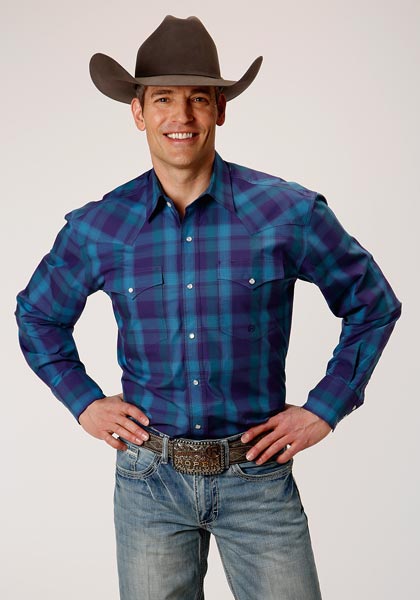 This Roper Plaid Men's Long Sleeve Western  Shirt In Tall Sizes Features A Purple and Blue Ombre Plaid Yarn Dyed Fabric with a Spread Collar. One Point Front And a Keystone Back Yoke. Snap Front. Two Flap Snap Pockets.   Snap Cuffs.  Regular sizes available-05-01-01-778-2086PU