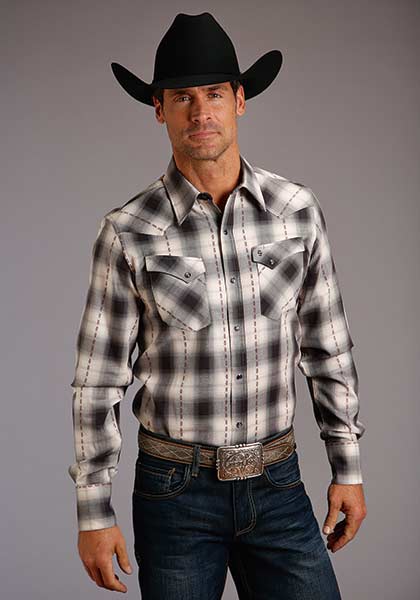 Stetson Dobby Plaid Long Sleeve Western Shirt , This Stetson Men's Long Sleeve Western Shirt Features A Yard Dyed Plaid with a Satin Stitch. Spread Collar. One-Point Curved Ultra Deep Back Yoke. Flap Snap Pockets. Classic Snap Front Featuring Cream Pearl Logo Snaps.  3 Snap Cuffs. Stetson "S" Emblem On Pocket. "Stetson" Emblem On Right Sleeve Placket.  Multiple Contrast Fabrics Inside Trim