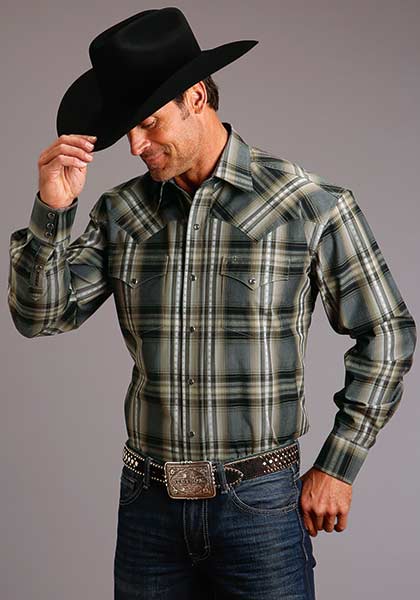 Stetson Granite Dobbie Plaid Long Sleeve Western Shirt , This Stetson Men's Long Sleeve Western Shirt Features A Yard Dyed Plaid with a Satin Stitch. Spread Collar. One-Point Curved Ultra Deep Back Yoke. Flap Snap Pockets. Classic Snap Front Featuring Cream Pearl Logo Snaps.  3 Snap Cuffs. Stetson "S" Emblem On Pocket. "Stetson" Emblem On Right Sleeve Placket.  Multiple Contrast Fabrics Inside Trim