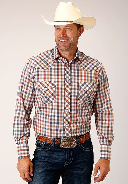 Roper Plaid Long Sleeve Snap Front Western Shirt - Brown & White - Big & Tall ,- Men's Western Shirts | Spur Western Wear