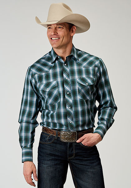 Roper Plaid Long Sleeve Snap Front Western Shirt - Green & White - Big & Tall ,- Men's Western Shirts | Spur Western Wear